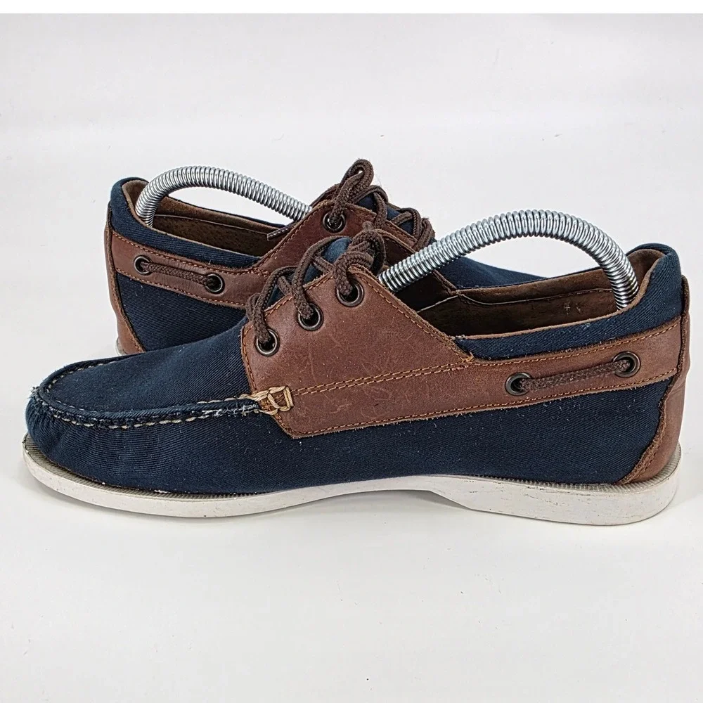 HITCHCOCK WIDE BOAT SHOES MENS SIZE 7 3E NAVY BLUE BROWN LEATHER CANVAS LACE UP